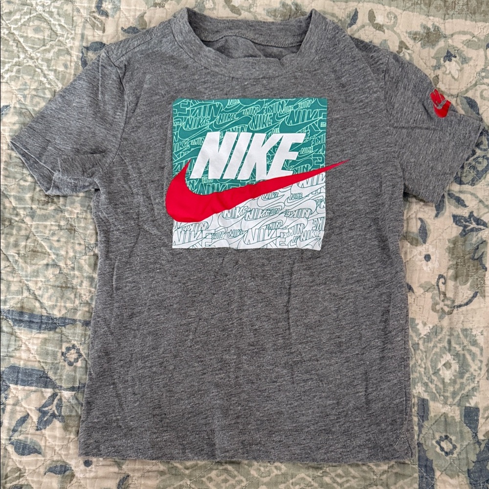 Nike Kids Gray Tee with Red and Green Logo